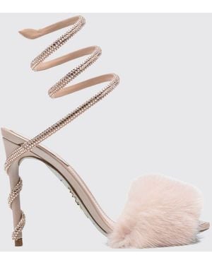 Rene Caovilla Margot Leather Sandals With Stiletto Heel And Crystal Snake Strap - Natural