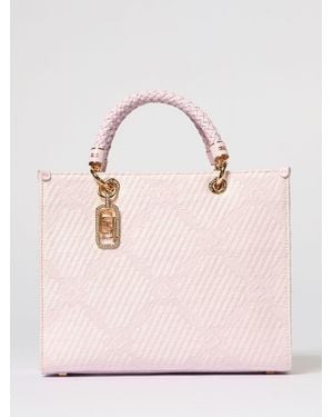 Elisabetta Franchi Raffia And Fabric Tote Bag With Jacquard Logo - Pink