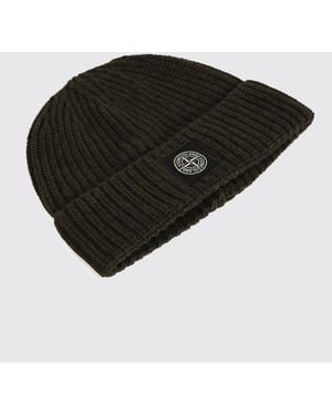 Stone Island Ribbed Virgin Wool Beanie Hat With Compass Logo - Black