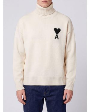 Ami Paris Jacquard Logo Wool Turtleneck Jumper With Dropped Shoulders - Blue