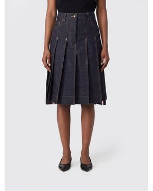 Thom Browne High-Waisted Pleated Denim Midi Skirt With Flag Logo - Blue