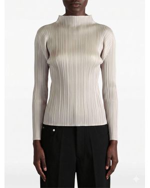 Pleats Please Issey Miyake Pleated Crêpe Long-Sleeved Turtleneck Top - Grey