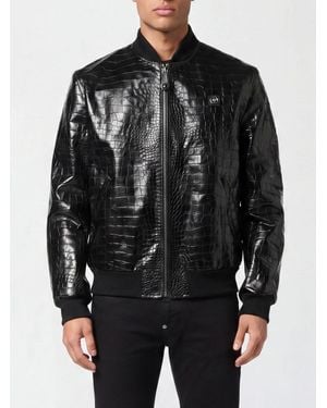 Philipp Plein Crocodile Print Leather Bomber Jacket - Black
