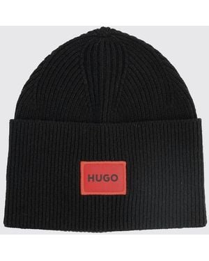 HUGO Pure Wool Beanie Hat With Turn-Up Cuff And Contrast Logo - Black