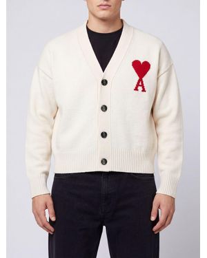 Ami Paris Woll-Cardigan Von Mit V-Ausschnitt Und Logo - Weiß