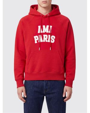Ami Paris Sudadera Con Capucha De Algodón Con Bolsillo Canguro Y Logo - Rojo