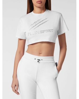 Philipp Plein Gekürztes Baumwoll-T-Shirt Mit Kontrastierendem Glitzer-Logo - Weiß