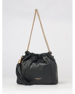 Twinset Smooth Leather Bucket Bag With Metallic Mesh Handle - Black