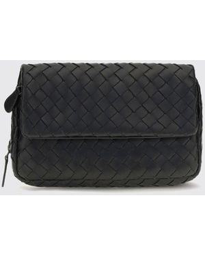Bottega Veneta Intrecciato Lambskin Leather Shoulder Bag With Flap Closure - Black