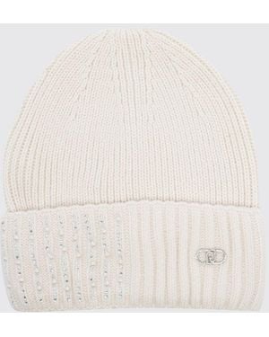 Liu Jo Ribbed Beanie With Cuff And Rhinestone And Bead Embellishments - White