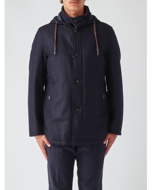 Herno Single-Breasted Wool And Silk Coat With A Hood And High Neck - Blue