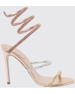 Rene Caovilla Cleo Laminated Fabric Sandals With Rhinestones And Snake Strap - Natural