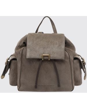 Brunello Cucinelli Kleiner Wildleder-Rucksack Von Mit Kordelzug Und Monili-Verzierung - Grau