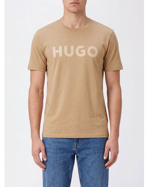 HUGO Crewneck Cotton T-Shirt With Contrasting Logo - Blue