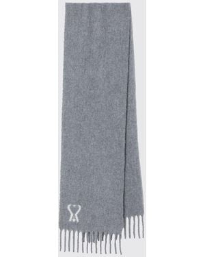 Ami Paris Alpaca Wool Scarf With Printed Logo And Fringed Edges - Grey