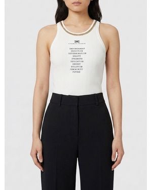 Elisabetta Franchi Silk Blend Slim Fit Top With Logo Print And Metallic Mesh - White