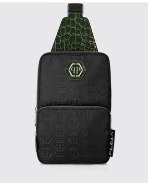Philipp Plein Logo Nylon And Crocodile Print Leather Bag - Black