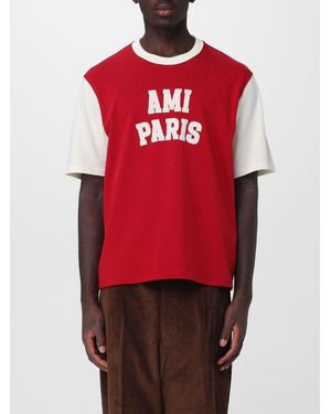 Ami Paris Two-Tone Logo Print Cotton T-Shirt - Red