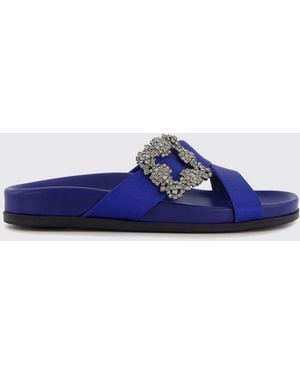 Manolo Blahnik Chilanghi Flat Silk Slides With Jewelled Buckle Detail - Blue