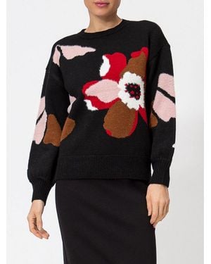 Twinset Floral Print Wool Blend Crewneck Sweater With Dropped Shoulders - Black