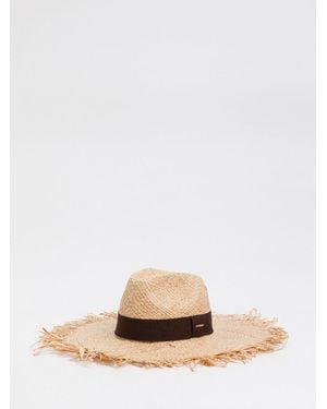 Twinset Wide Brim Woven Raffia Hat With A Frayed Edge And Grosgrain Detail - Natural