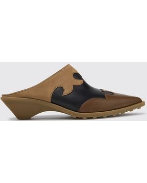 Camper Anita Smooth Calfskin Mules With Low Flared Heel - Brown