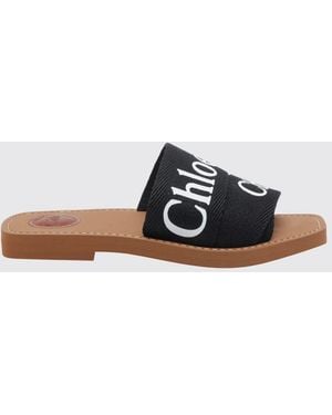 Chloé ChloÉ Woody Canvas Slide Sandals With Logo And Square Toe - White