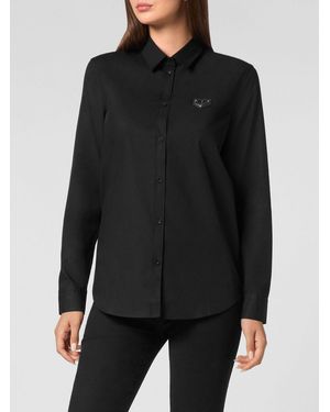 Philipp Plein Long-Sleeved Cotton Shirt With Contrasting Logo Detail - Black