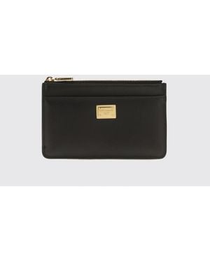 Dolce & Gabbana Dolce &Amp Gabbana Smooth Leather Card Holder With Metallic Logo And Zip Pocket - Black