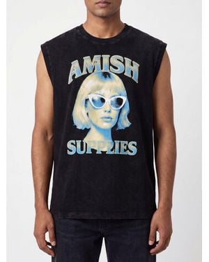 AMISH Cotton Tank Top With Graphic Print And Crew Neck - Blue