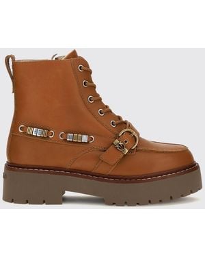 Pinko Margaret Smooth Leather Combat Boots With Love Birds Logo And Rubber Sole - Brown