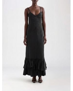 Jil Sander Long Silk Blend Dress With V-Neck And Ruffle Application - Black
