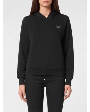 Philipp Plein Contrast Logo Jersey Hoodie With Pouch Pockets - Black