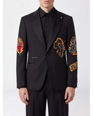 Philipp Plein Single-Breasted Wool-Blend Blazer With Patches And Peak Lapels - Blue