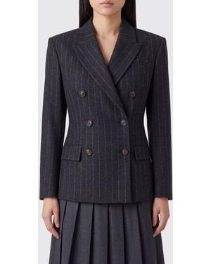 Brunello Cucinelli Kurzer Zweireiher-Blazer Aus Nadelstreifen-Wolle Mit Fallendem Revers - Blau