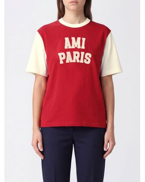 Ami Paris Camiseta De Algodón Con Cuello Redondo Y Logo En Contraste - Rojo