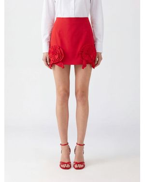 Blumarine High-Waisted Crêpe Pencil Mini Skirt With Floral Appliqué - Red