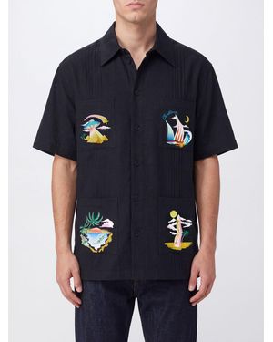 CASABLANCA Short-Sleeve Embroidered Cotton Shirt With Dropped Shoulders - Blue