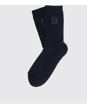 Brunello Cucinelli Ribbed Cotton Socks With Logo - Blue