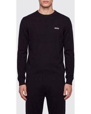 BOSS Slim Fit Cotton Crew-Neck Sweater With Contrasting Logo - Blue
