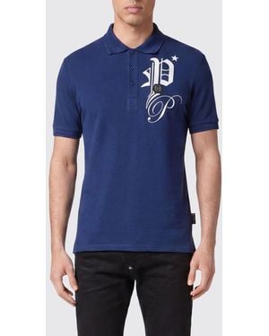 Philipp Plein Cotton Polo Shirt With Monogram Logo And Three-Button Placket - Blue