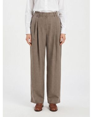 Brunello Cucinelli High-Waisted Virgin Wool Wide Leg Pants With Monili - Natural