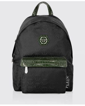 Philipp Plein Nylon Backpack With Jacquard Hexagon And Crocodile Print Leather - Black