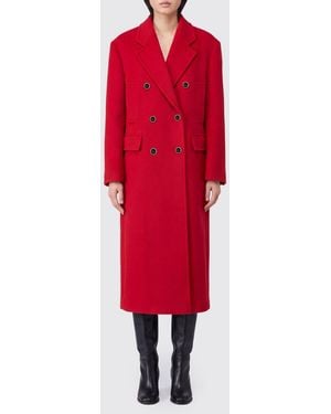 Pinko Long Manteau Croisé En Mélange De Laine Avec Revers Classiques - Rouge