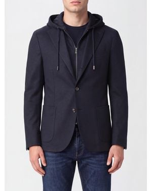 Eleventy Blazer Droit En Laine Et Tissu Technique Avec Un Empiècement À Capuche Zippé - Bleu