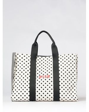 MSGM Polka-Dot And Striped Canvas Tote Bag With Contrasting Logo Print - White