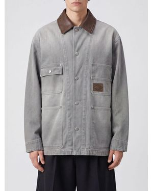 WOOYOUNGMI Cotton Denim Jacket With Leather Collar And Dropped Shoulders - Grey