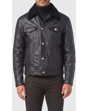 Billionaire Python Leather Biker Jacket With Fur Collar - Gray