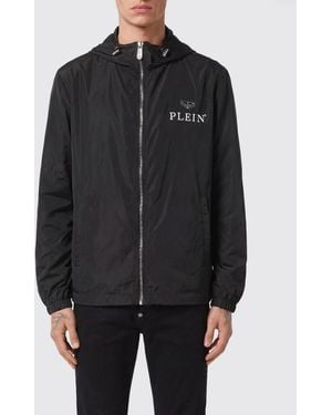 Philipp Plein Technical Fabric Hooded Windbreaker Jacket With Logo Print - Black