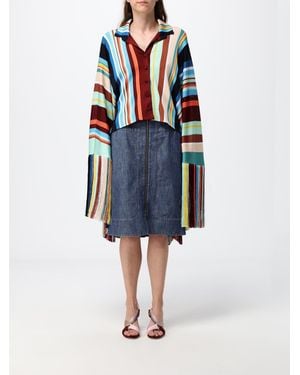 Fendi Short Multicolour Striped Viscose Cape With Collar And Fringes - Blue